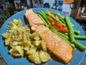 Roasted Salmon with Crispy Potatoes, Burst Tomatoes and Green Bea