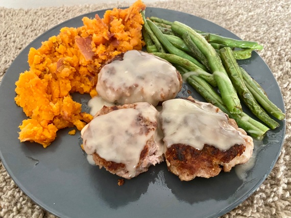 Pork and Parmesan Patties with sweet potato mash and green beans