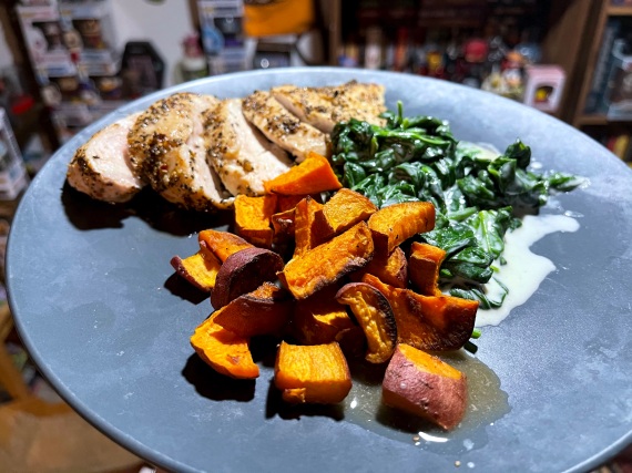 Montreal Spiced Chicken with Creamed Spinach and Roasted Sweet Potatoes