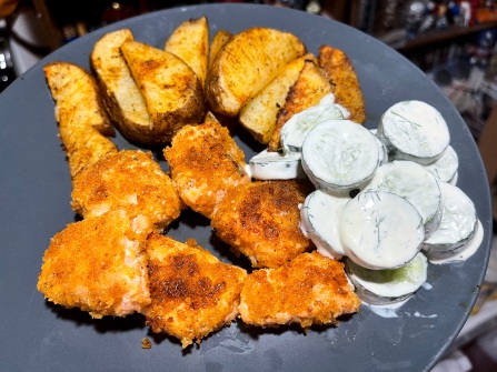 Salmon Bites and Chunky Fries with Cucumber Salad
