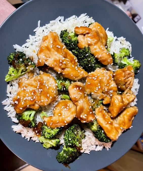 Chinese Orange Chicken with Sesame Rice and Roasted Broccoli