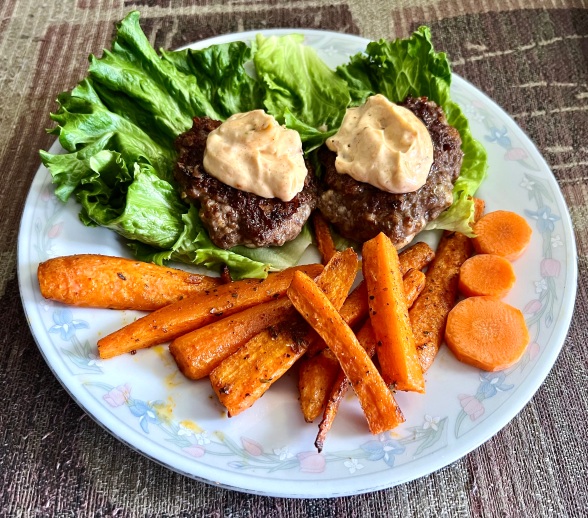 Beef Lettuce Burgers with Swiss Cheese with Carrot ‘Fries’ & Smoky Aioli