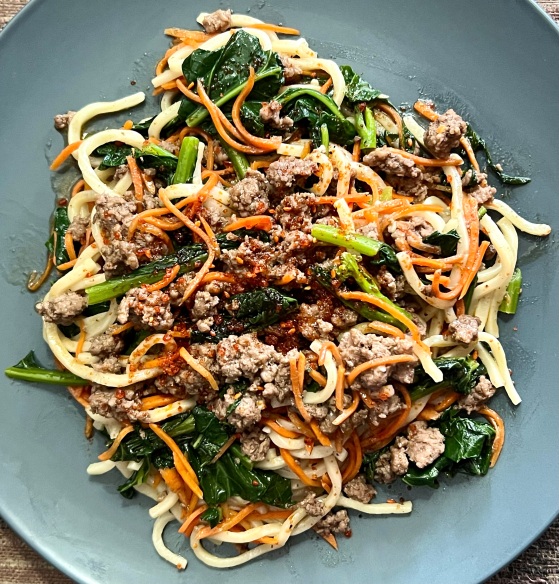 Saucy Ground Beef Lo Mein with Fresh Egg Noodles, Asian Greens & Carrots