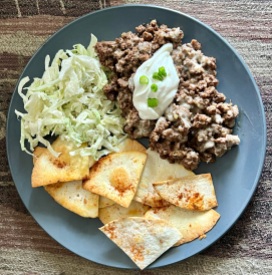 Cheddar-Topped Ground Beef & Taco Skillet with Crunchy Slaw & Homemade Tortilla Chips