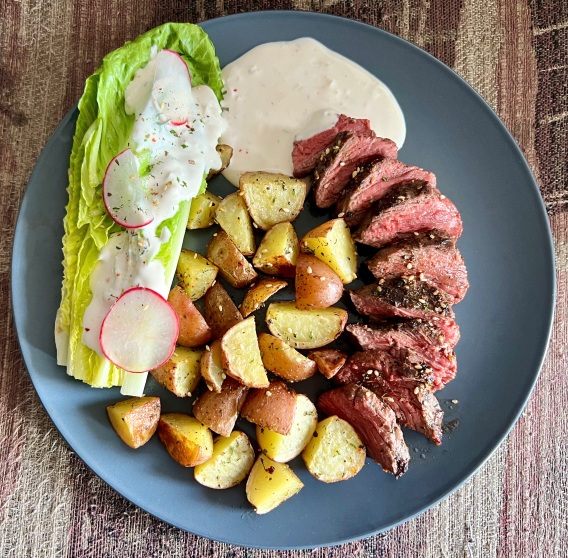Seared Steaks & Tahini Cream Wedge Salad with Spiced Potatoes