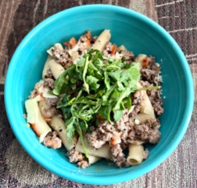 Bagel-Spiced Ground Beef & Tomatoes with Fresh Rigatoni Balsamic-Dressed Baby Greens & Shaved Parmesan