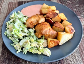 Roasted Chicken & Patatas Bravas with Crunchy Celery & Brussels Sprout Salad